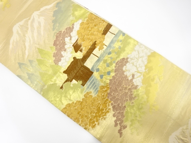 JAPANESE KIMONO / ANTIQUE FUKURO OBI / SILK / WOVEN SCENERY OF TEMPLE